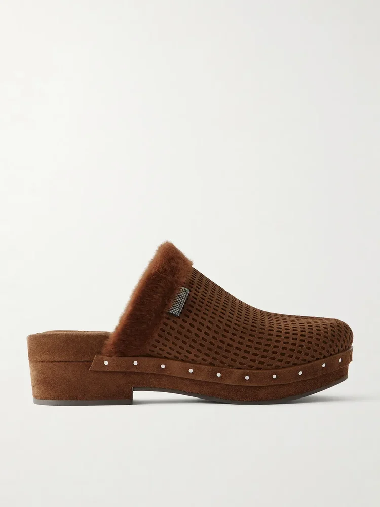Bead-embellished shearling-trimmed suede clogs