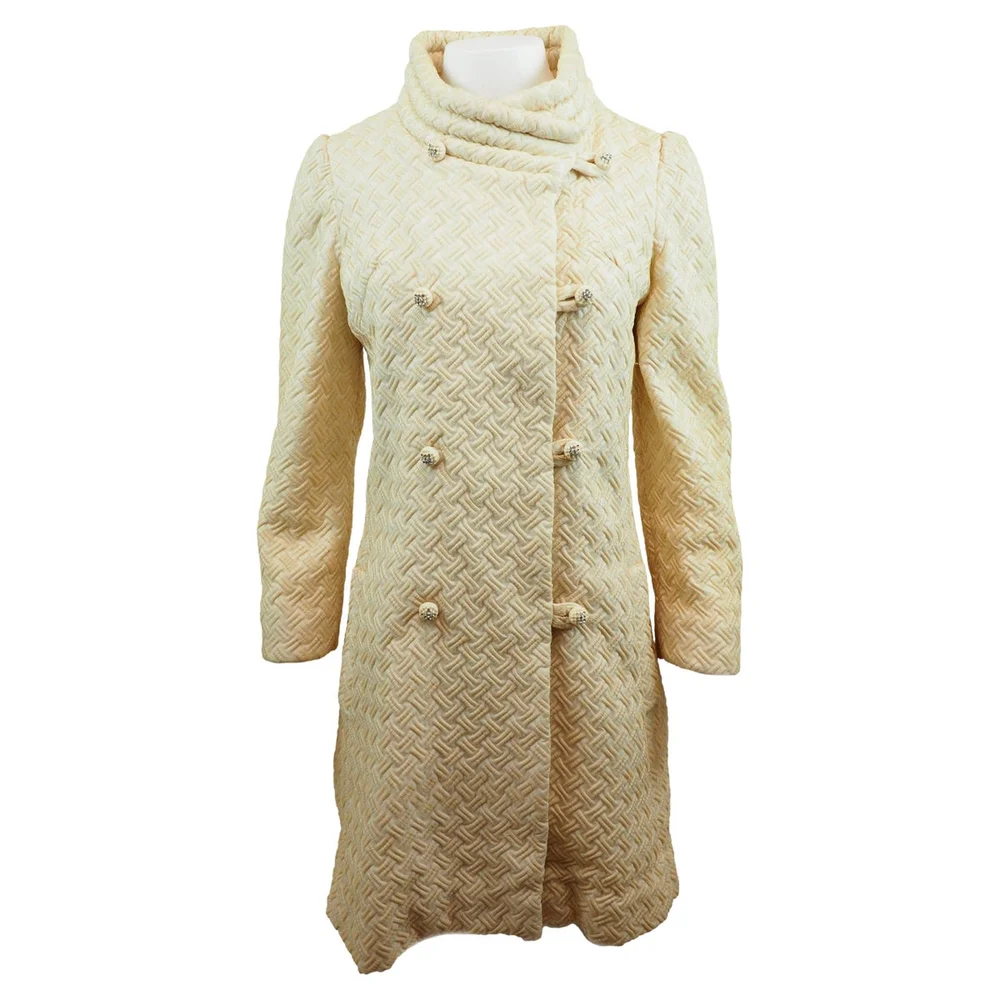1960's White Brocade Coat w Rhinestone Buttons/ Bridal