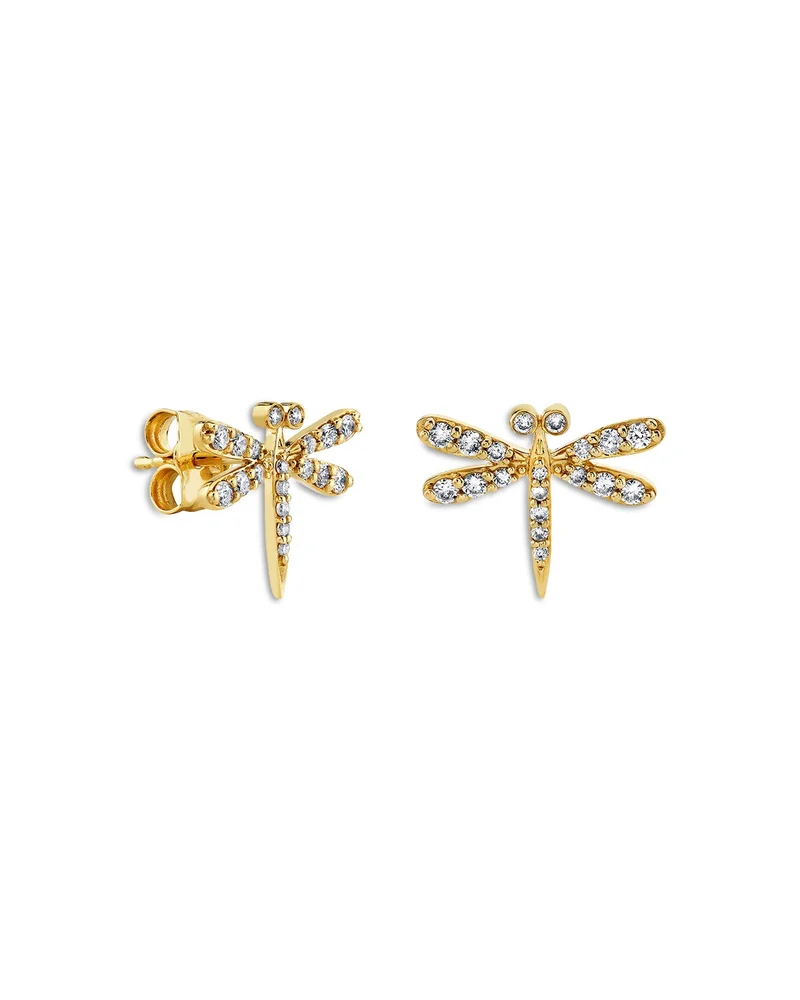 14K Yellow Gold Core Diamond Dragonfly Stud Earrings