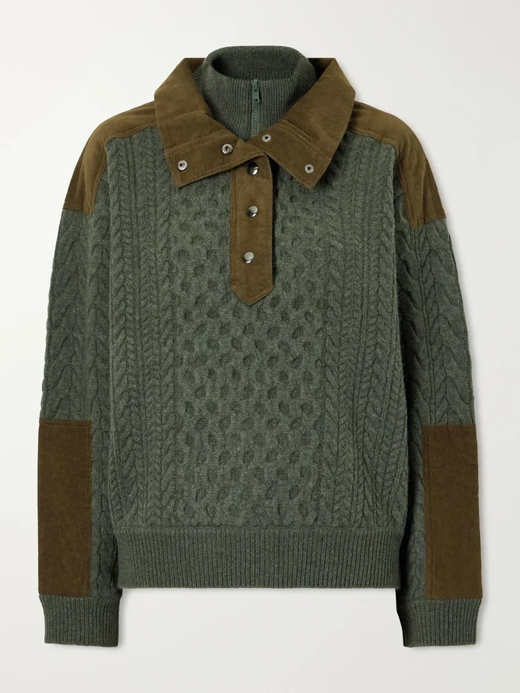 allen cotton corduroy trimmed cable knit wool sweater