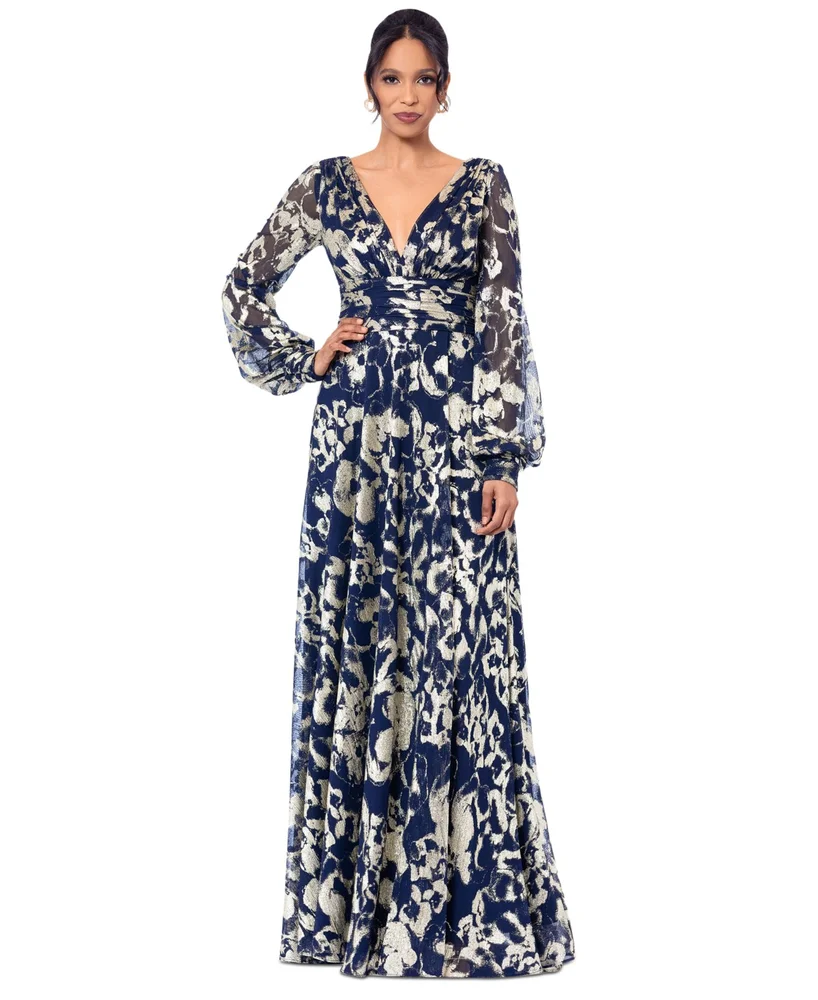 Printed Blouson-Sleeve Maxi Dress