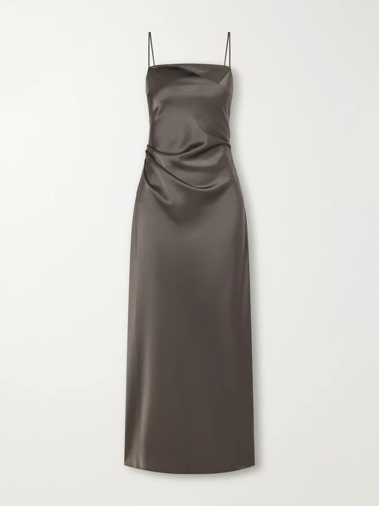 Flipped Lapel draped satin midi dress
