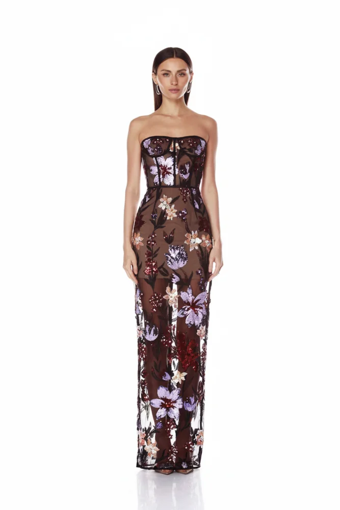 bronxbanco.com Dahlia Purple Multi Strapless Maxi Dress