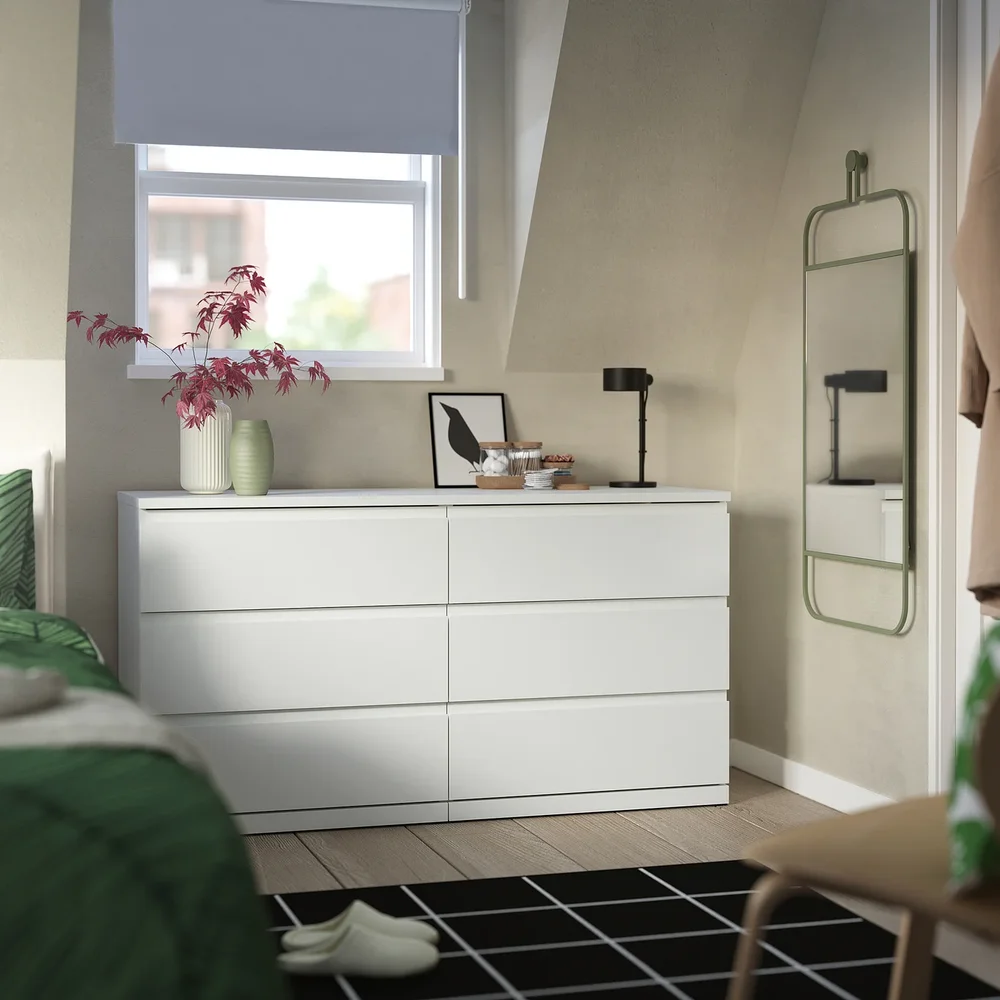 IKEA STORKLINTA 6-drawer dresser - white/anchor/unlock function 55 1/8x18 7/8x29 1/2 "