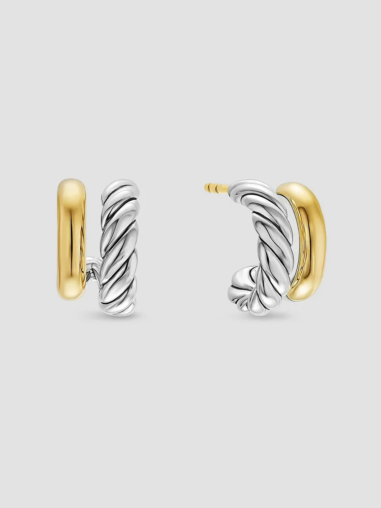 Mercer Double Hoop Huggie Earrings in Sterling Silver with 18K Yellow Gold, 13.5MM