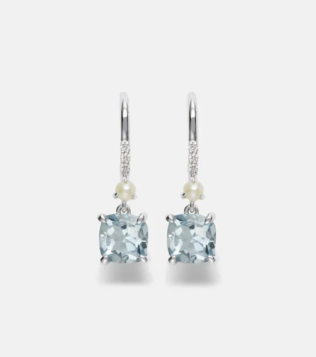 14kt white gold earrings with aquamarines, pearls, and diamonds