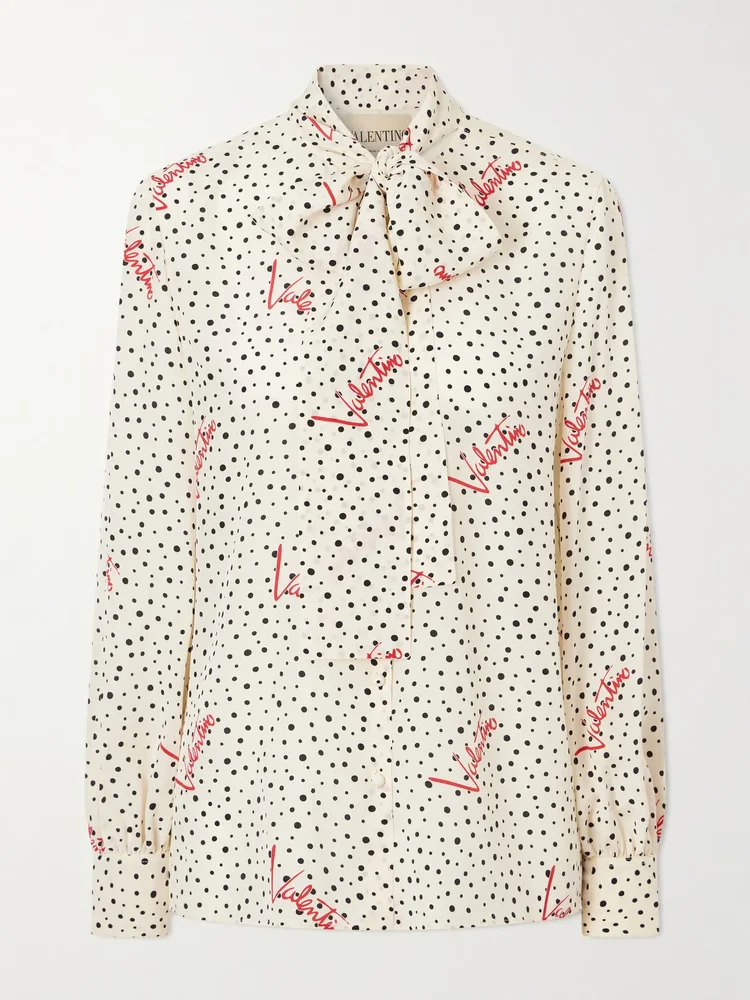 Pussy-bow polka-dot silk crepe de chine blouse