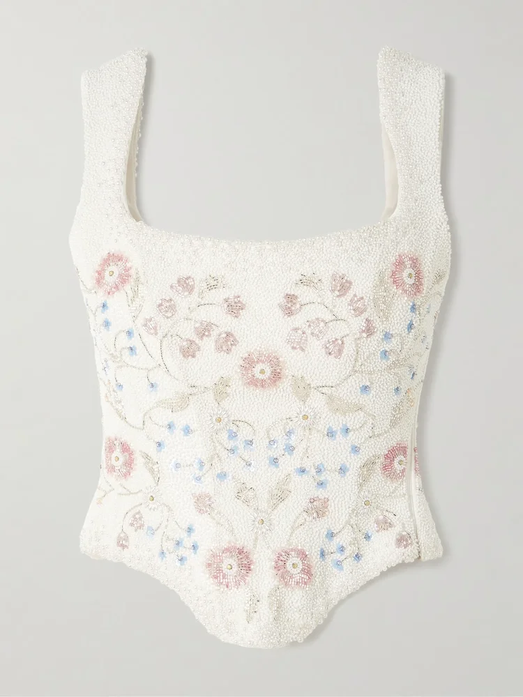 Sophie embellished beaded stretch-tulle bustier top