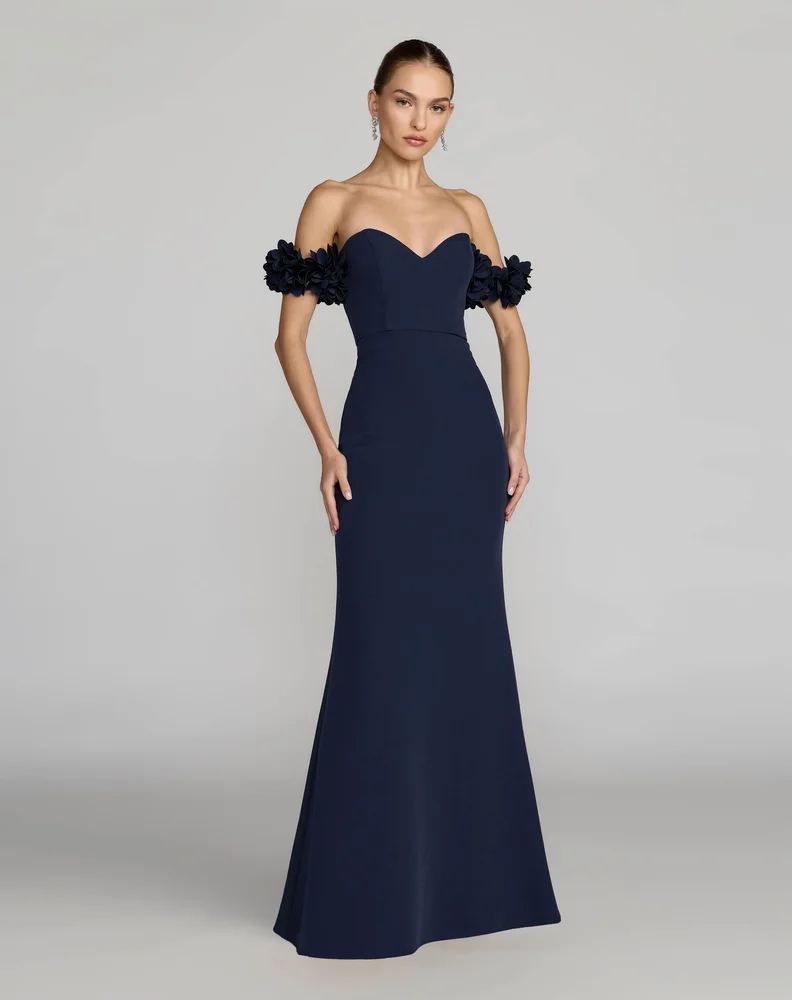 Navy Crepe Off The Shoulder Gown With 3D Flowers
