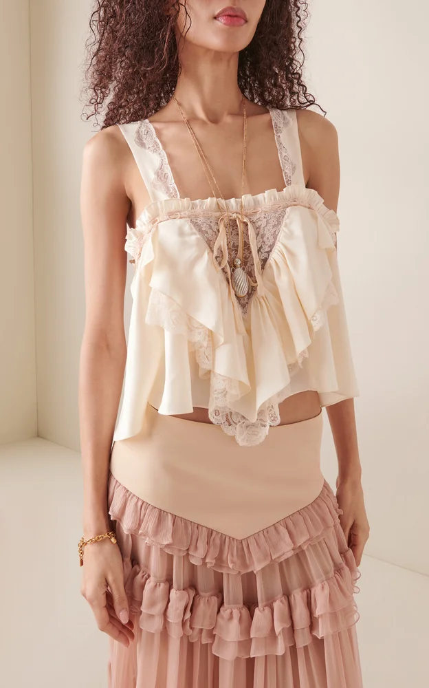 Lace-Trimmed Silk Satin Top