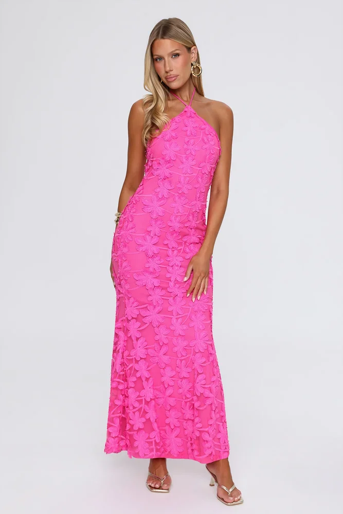 No Ordinary Girl Embroidered Halter Maxi Dress Hot Pink