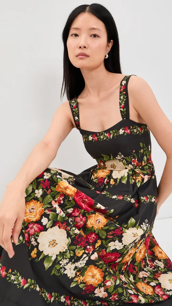 Floral Print Sweatheart Neck Midi Dress