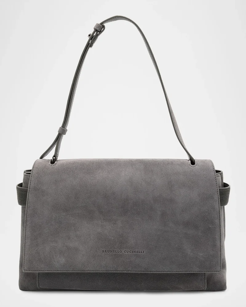 Monili-Trim Suede Top-Handle Bag
