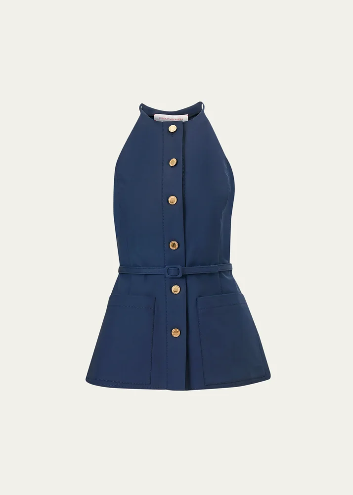 Button-Front Belted Halter Peplum Top