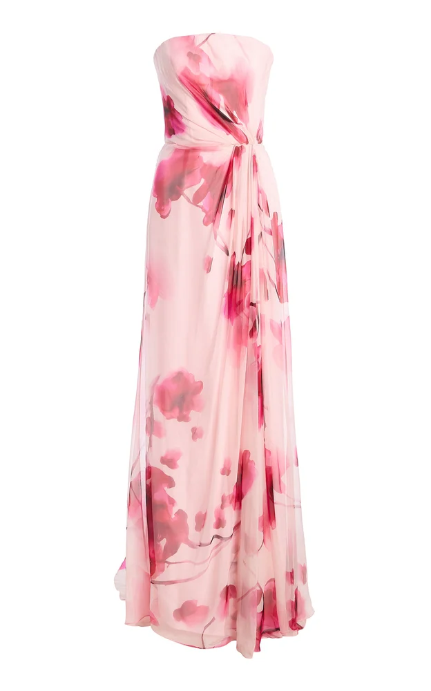 Silk Chiffon Strapless Draped Maxi Dress