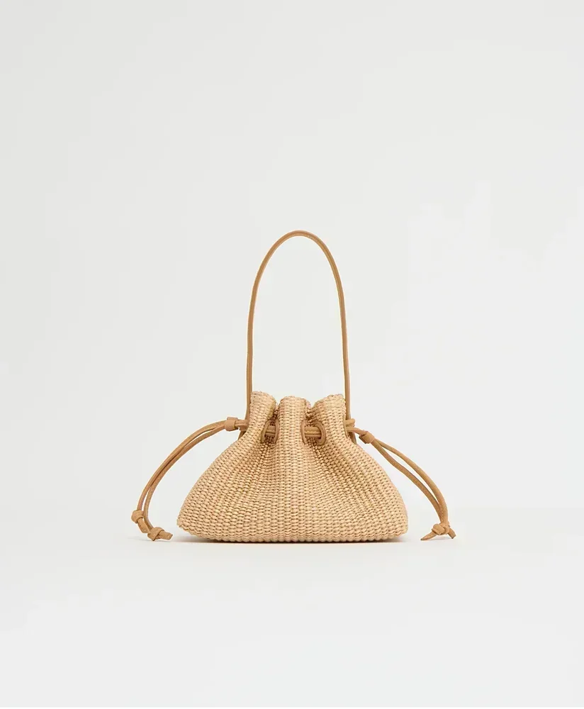 Drawstring Pouchette - Natural Raffia/Budino Suede